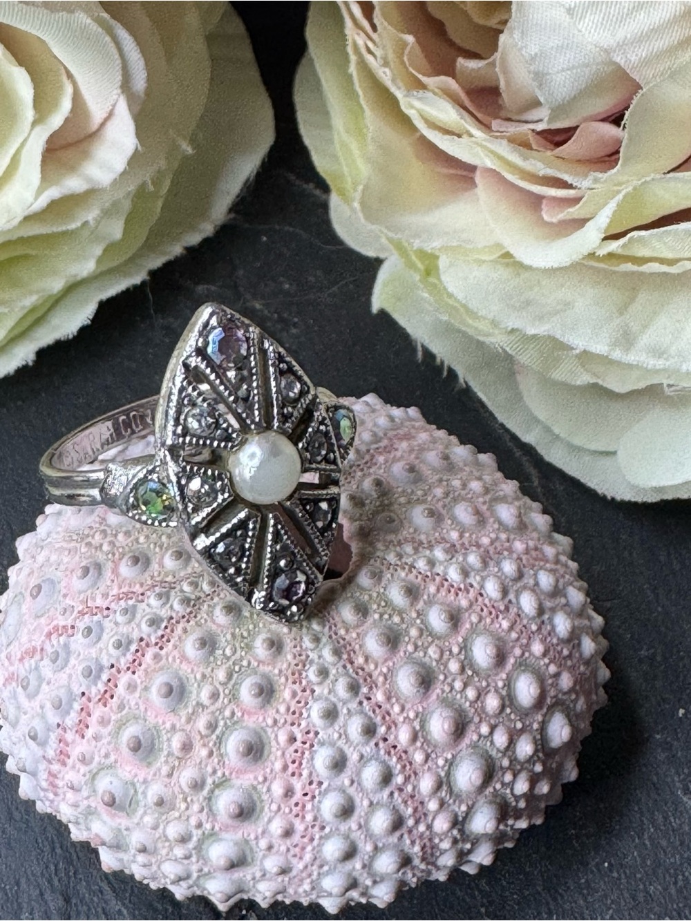 Sarah Coventry Silver toned Marquise Pearl Accent Cocktail Ring -Women's Jewelry